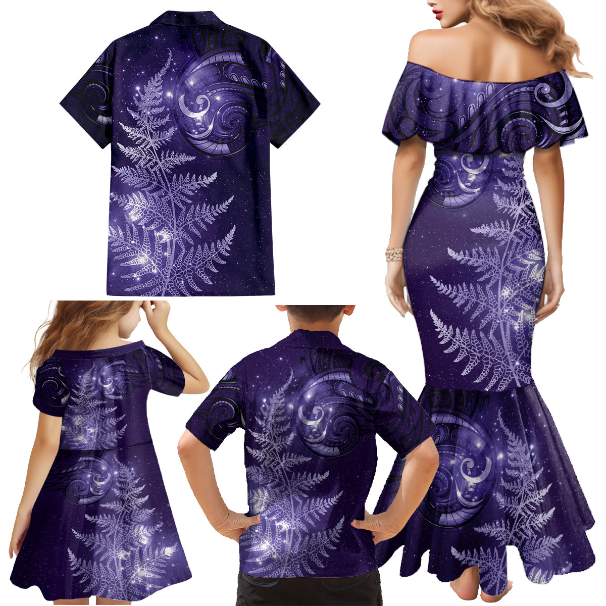 New Zealand Matariki Family Matching Mermaid Dress and Hawaiian Shirt Purple Milky Way Stars Night Sky LT9 - Polynesian Pride