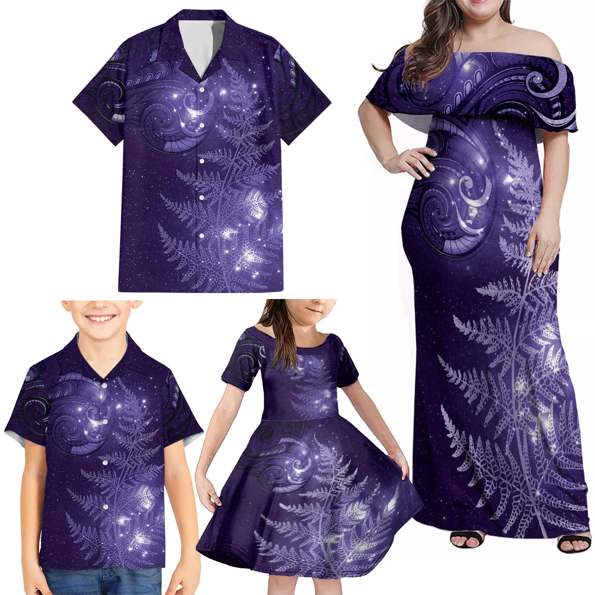 New Zealand Matariki Family Matching Off Shoulder Maxi Dress and Hawaiian Shirt Purple Milky Way Stars Night Sky LT9 - Polynesian Pride