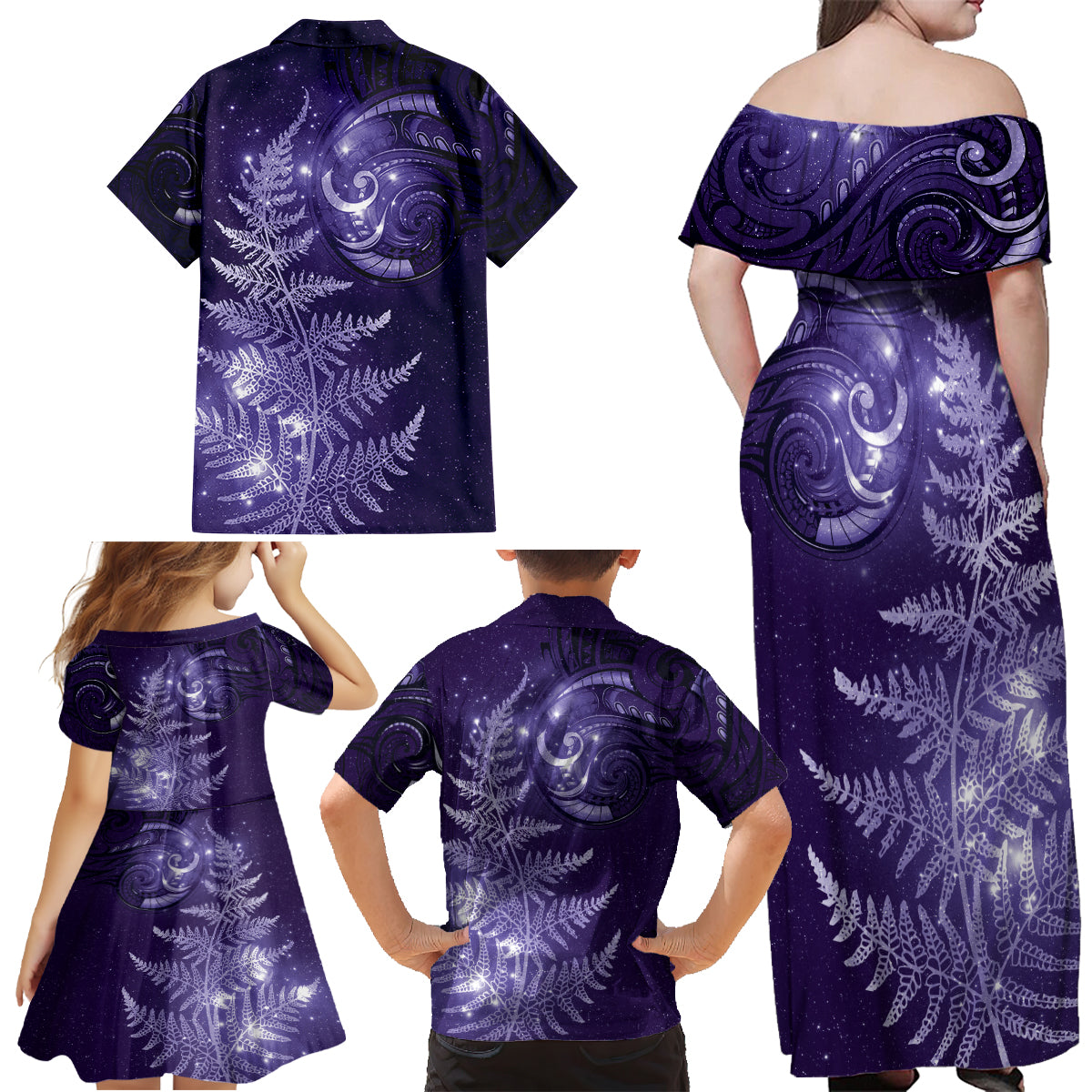 New Zealand Matariki Family Matching Off Shoulder Maxi Dress and Hawaiian Shirt Purple Milky Way Stars Night Sky LT9 - Polynesian Pride