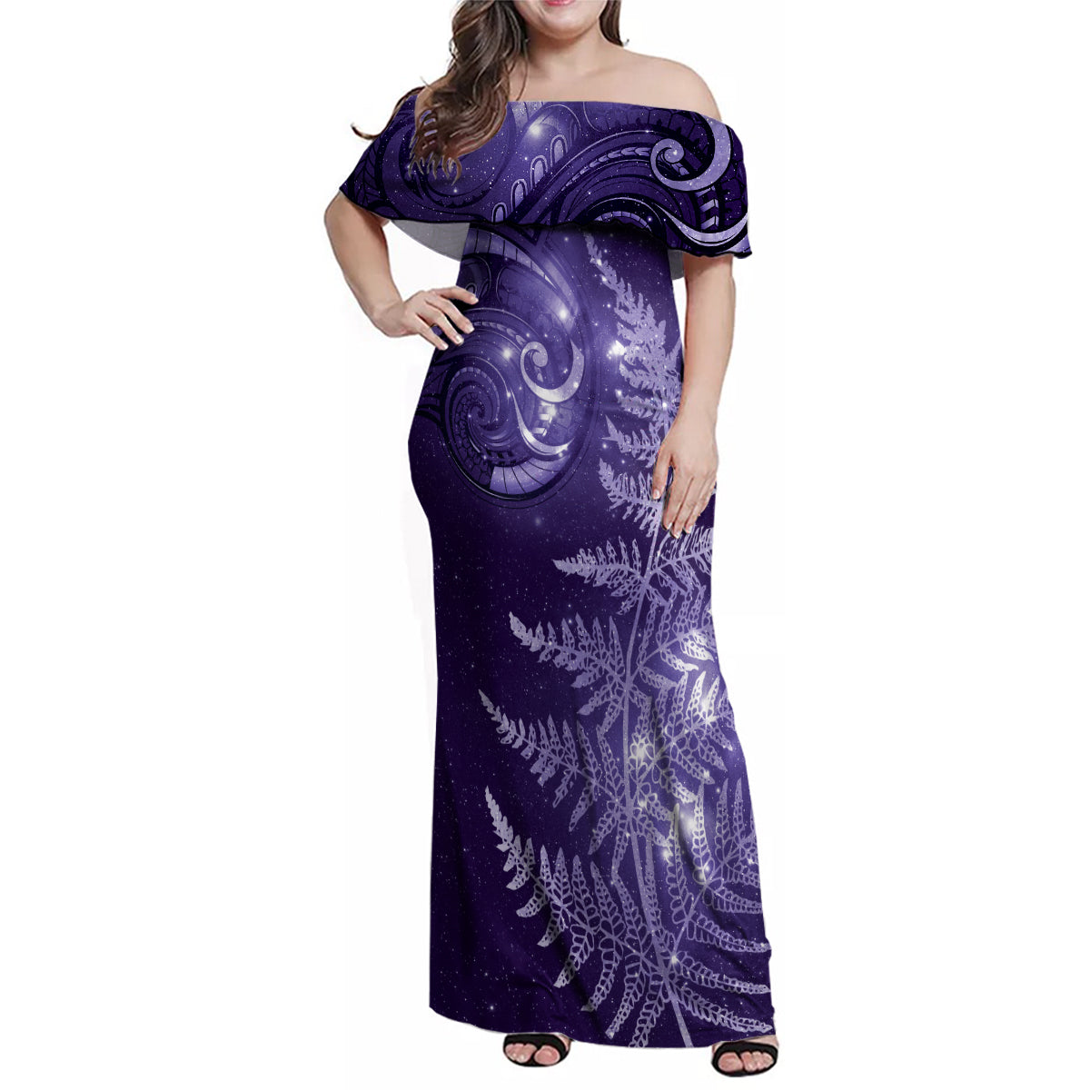 New Zealand Matariki Family Matching Off Shoulder Maxi Dress and Hawaiian Shirt Purple Milky Way Stars Night Sky LT9 Mom's Dress Purple - Polynesian Pride