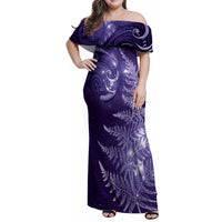 New Zealand Matariki Family Matching Off Shoulder Maxi Dress and Hawaiian Shirt Purple Milky Way Stars Night Sky LT9 Mom's Dress Purple - Polynesian Pride