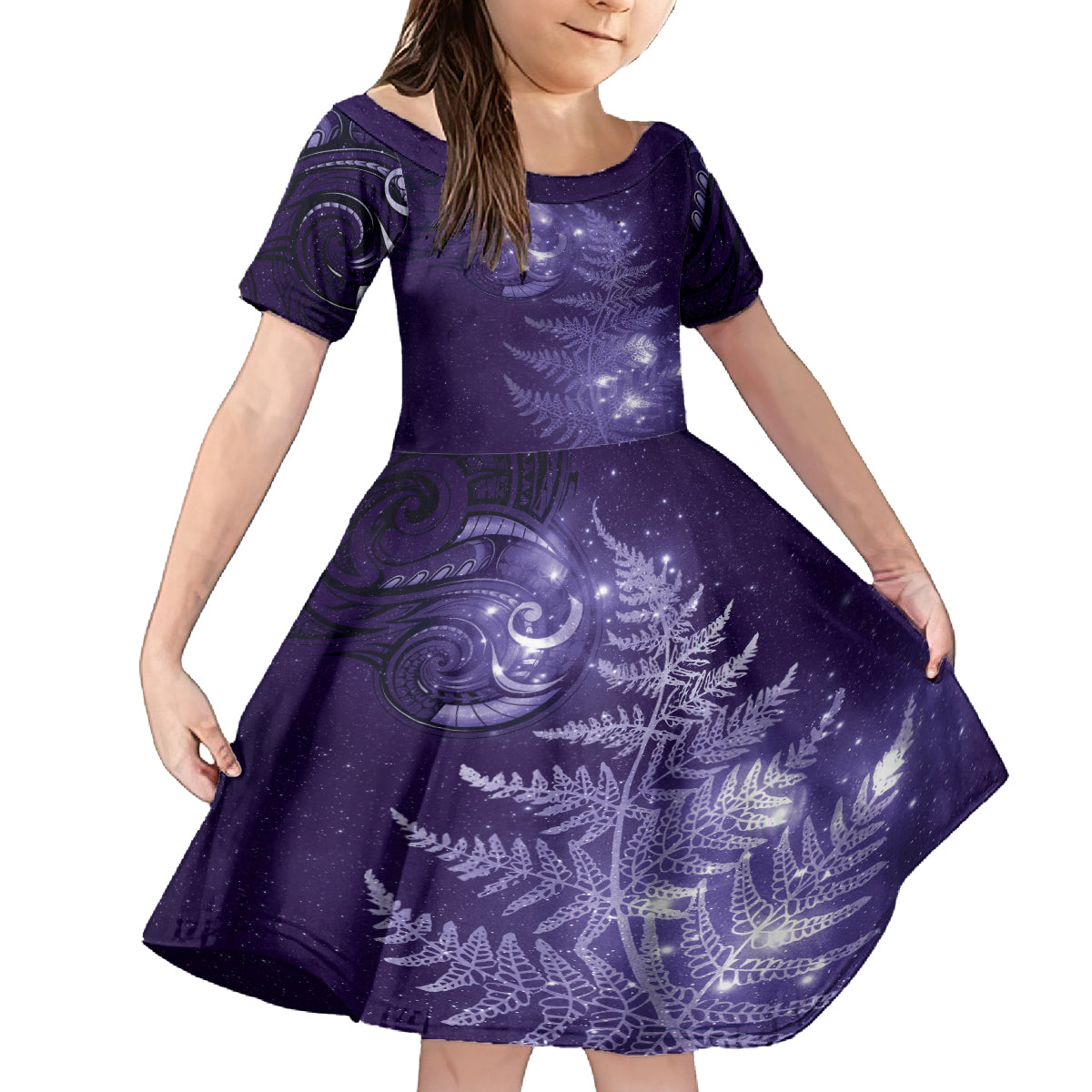 New Zealand Matariki Family Matching Off Shoulder Short Dress and Hawaiian Shirt Purple Milky Way Stars Night Sky LT9 Daughter's Dress Purple - Polynesian Pride