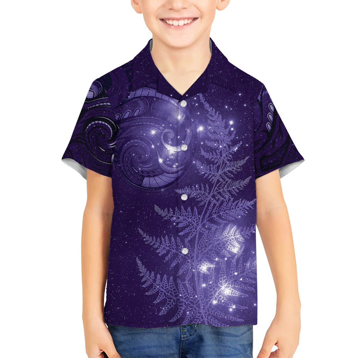 New Zealand Matariki Family Matching Off Shoulder Short Dress and Hawaiian Shirt Purple Milky Way Stars Night Sky LT9 Son's Shirt Purple - Polynesian Pride