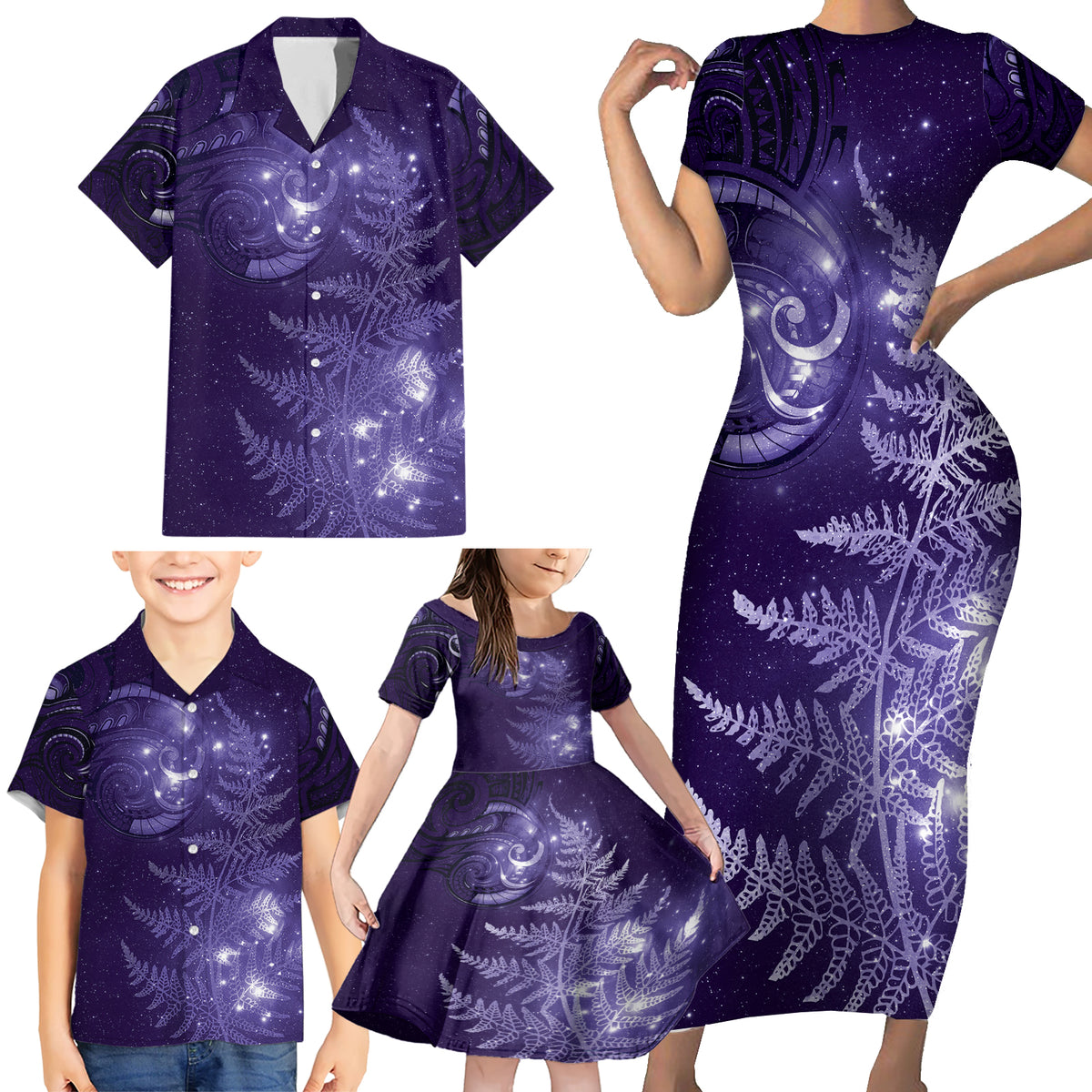 New Zealand Matariki Family Matching Short Sleeve Bodycon Dress and Hawaiian Shirt Purple Milky Way Stars Night Sky LT9 - Polynesian Pride