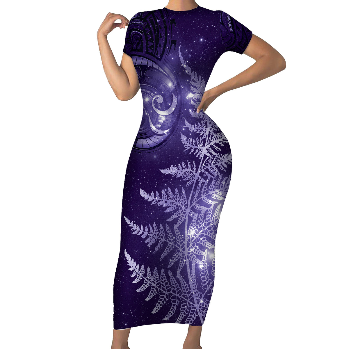 New Zealand Matariki Family Matching Short Sleeve Bodycon Dress and Hawaiian Shirt Purple Milky Way Stars Night Sky LT9 Mom's Dress Purple - Polynesian Pride