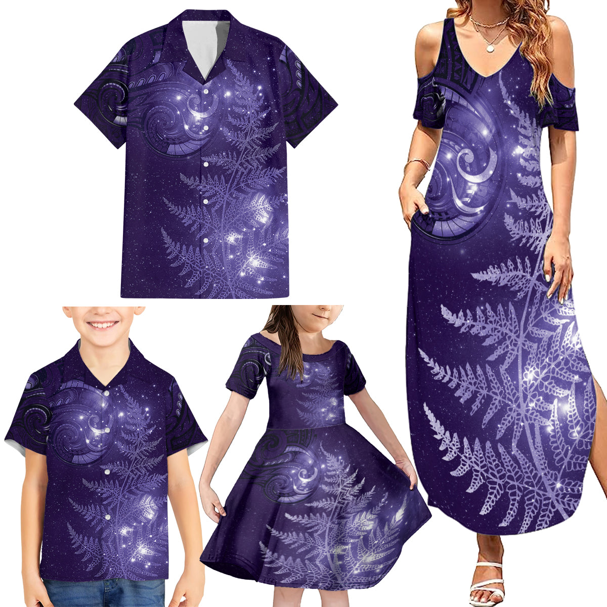 New Zealand Matariki Family Matching Summer Maxi Dress and Hawaiian Shirt Purple Milky Way Stars Night Sky LT9 - Polynesian Pride