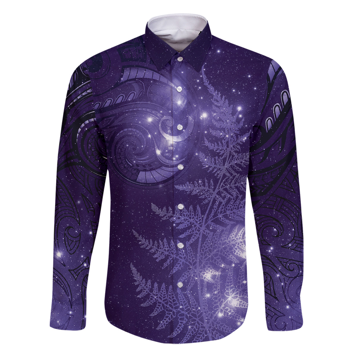 New Zealand Matariki Family Matching Summer Maxi Dress and Hawaiian Shirt Purple Milky Way Stars Night Sky LT9 Dad's Shirt - Long Sleeve Purple - Polynesian Pride