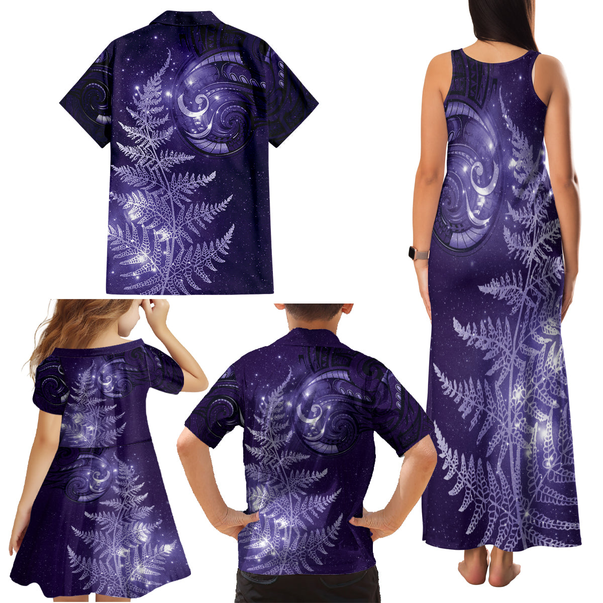 New Zealand Matariki Family Matching Tank Maxi Dress and Hawaiian Shirt Purple Milky Way Stars Night Sky LT9 - Polynesian Pride