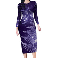 New Zealand Matariki Long Sleeve Bodycon Dress Purple Milky Way Stars Night Sky LT9 Long Dress Purple - Polynesian Pride