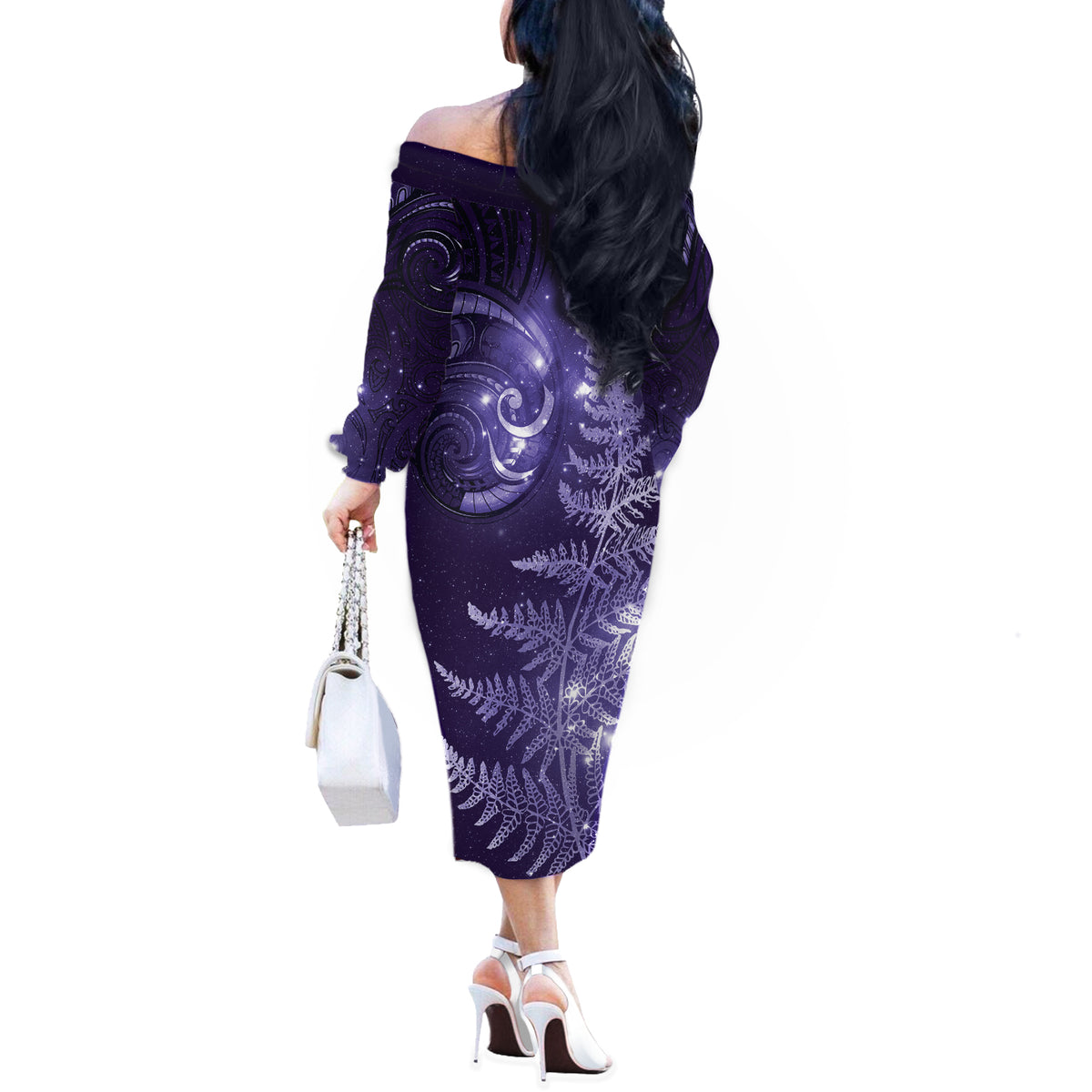 New Zealand Matariki Off The Shoulder Long Sleeve Dress Purple Milky Way Stars Night Sky LT9 - Polynesian Pride