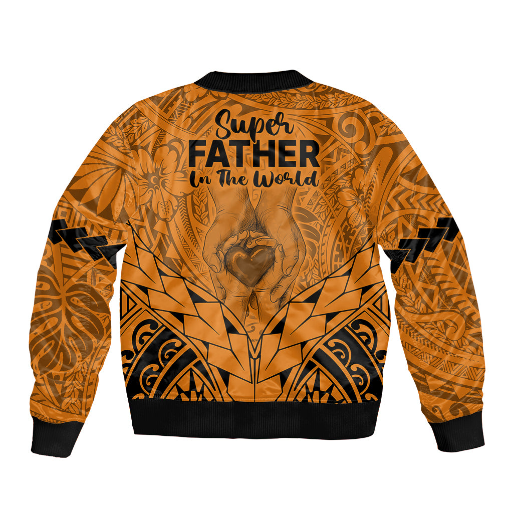 Polynesian Father's Day Gift For Dad Sleeve Zip Bomber Jacket Super Father In The World - Gold Polynesian Pattern LT9 - Polynesian Pride