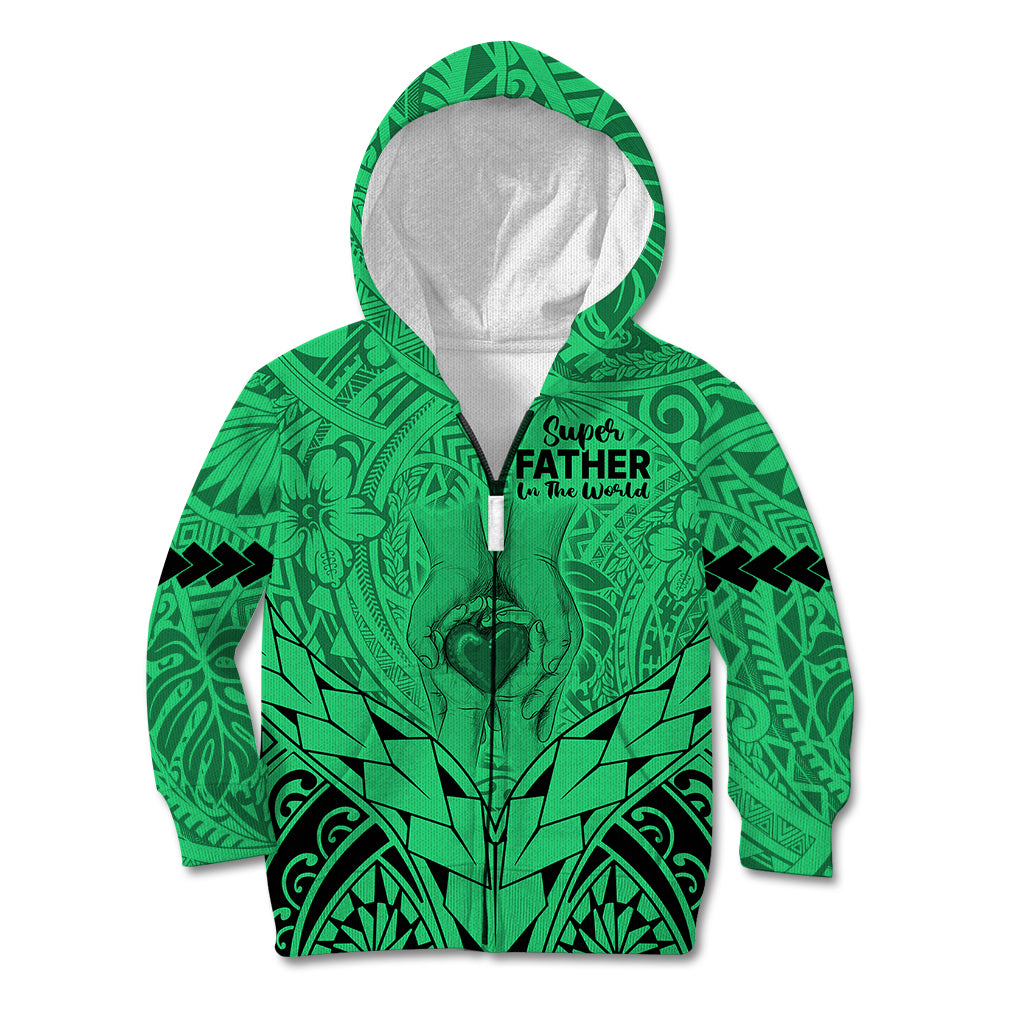 Personalised Polynesian Father's Day Gift For Dad Kid Hoodie Super Father In The World - Green Polynesian Pattern LT9 Zip Hoodie Green - Polynesian Pride