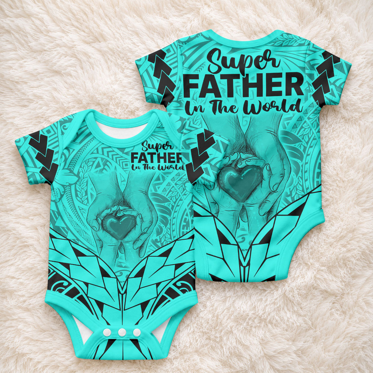 Polynesian Father's Day Gift For Dad Baby Onesie Super Father In The World - Turquoise Polynesian Pattern LT9 - Polynesian Pride