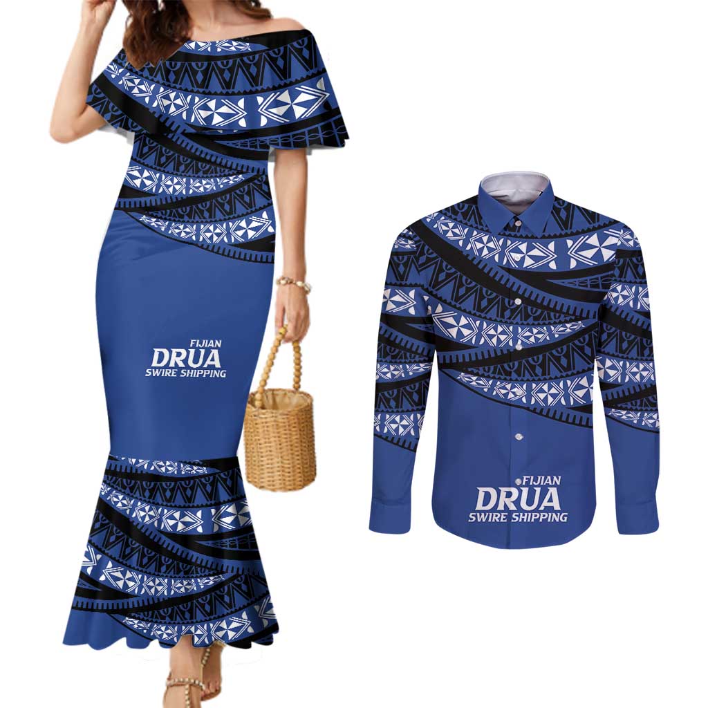 Fiji Rugby Pacific Custom Couples Matching Mermaid Dress and Long Sleeve Button Shirt Pasifika Tapa Pattern