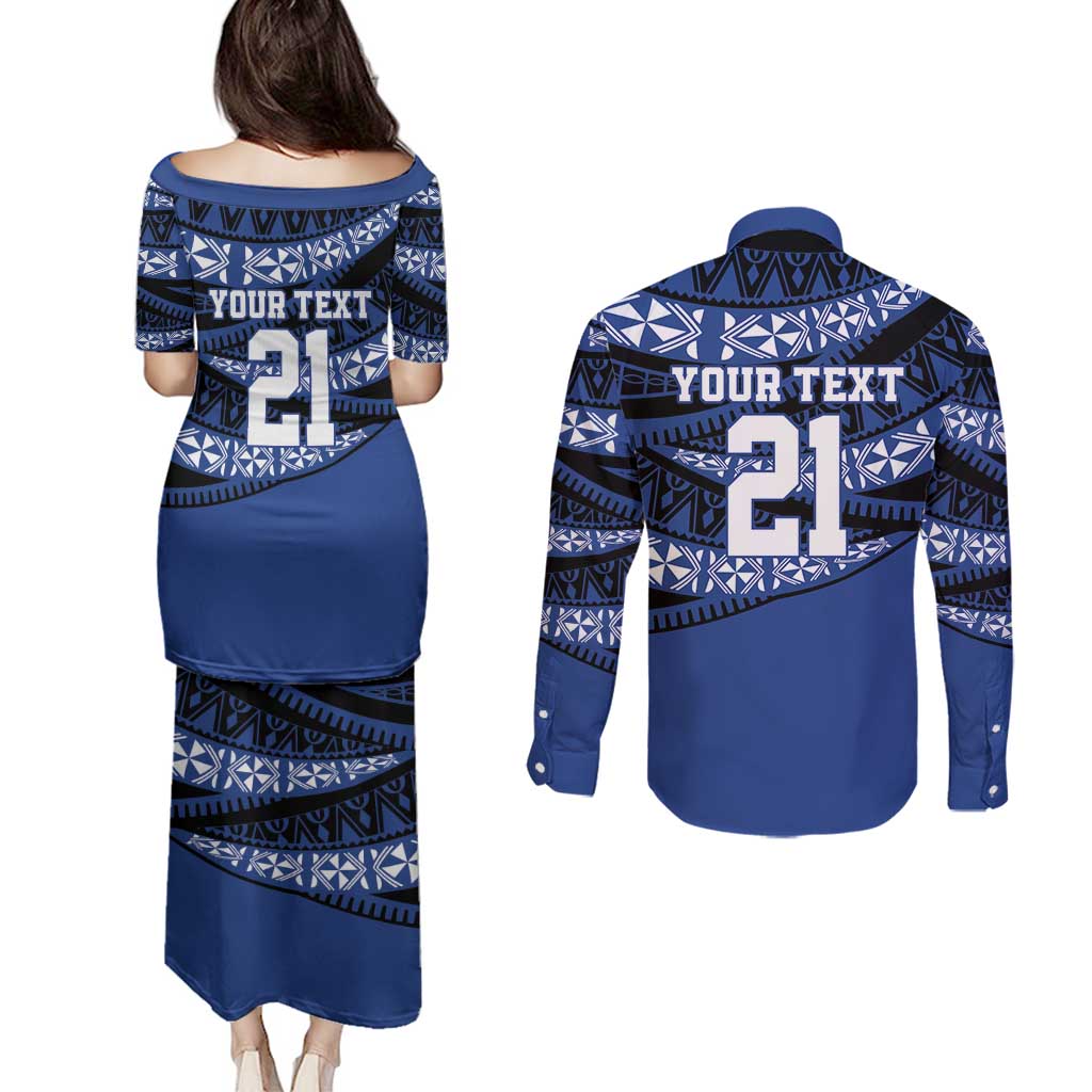 Fiji Rugby Pacific Custom Couples Matching Puletasi and Long Sleeve Button Shirt Pasifika Tapa Pattern