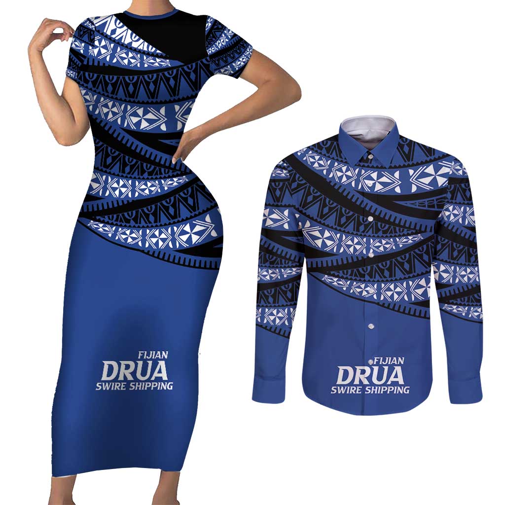Fiji Rugby Pacific Custom Couples Matching Short Sleeve Bodycon Dress and Long Sleeve Button Shirt Pasifika Tapa Pattern
