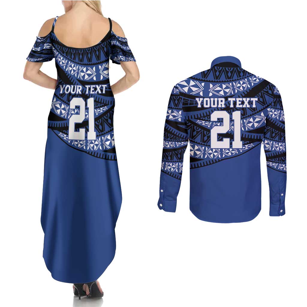 Fiji Rugby Pacific Custom Couples Matching Summer Maxi Dress and Long Sleeve Button Shirt Pasifika Tapa Pattern