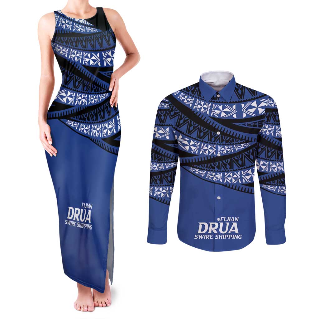 Fiji Rugby Pacific Custom Couples Matching Tank Maxi Dress and Long Sleeve Button Shirt Pasifika Tapa Pattern