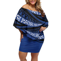 Fiji Rugby Pacific Custom Family Matching Off Shoulder Short Dress and Hawaiian Shirt Pasifika Tapa Pattern LT9 Mom's Dress Blue - Polynesian Pride