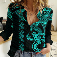 Hawaiian Tribal Women Casual Shirt Polynesian Kakau Turtle - Aqua LT9 Female Aqua - Polynesian Pride
