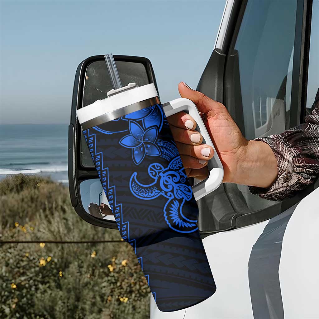 Blue Hawaiian Kakau Turtle Tumbler With Handle Polynesian Tribal
