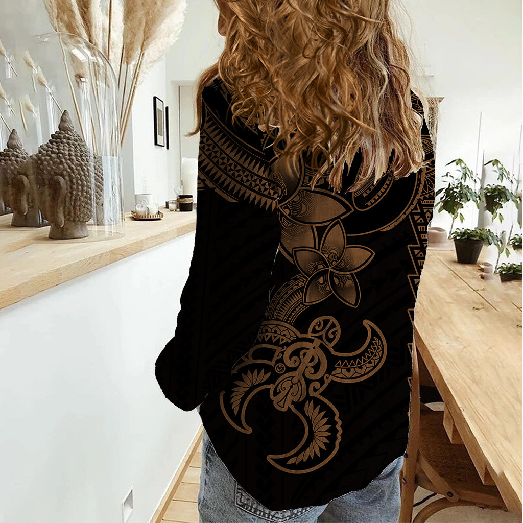 Hawaiian Tribal Women Casual Shirt Polynesian Kakau Turtle - Gold LT9 - Polynesian Pride