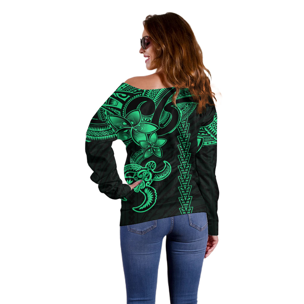 Hawaiian Tribal Off Shoulder Sweater Polynesian Kakau Turtle - Green LT9 - Polynesian Pride