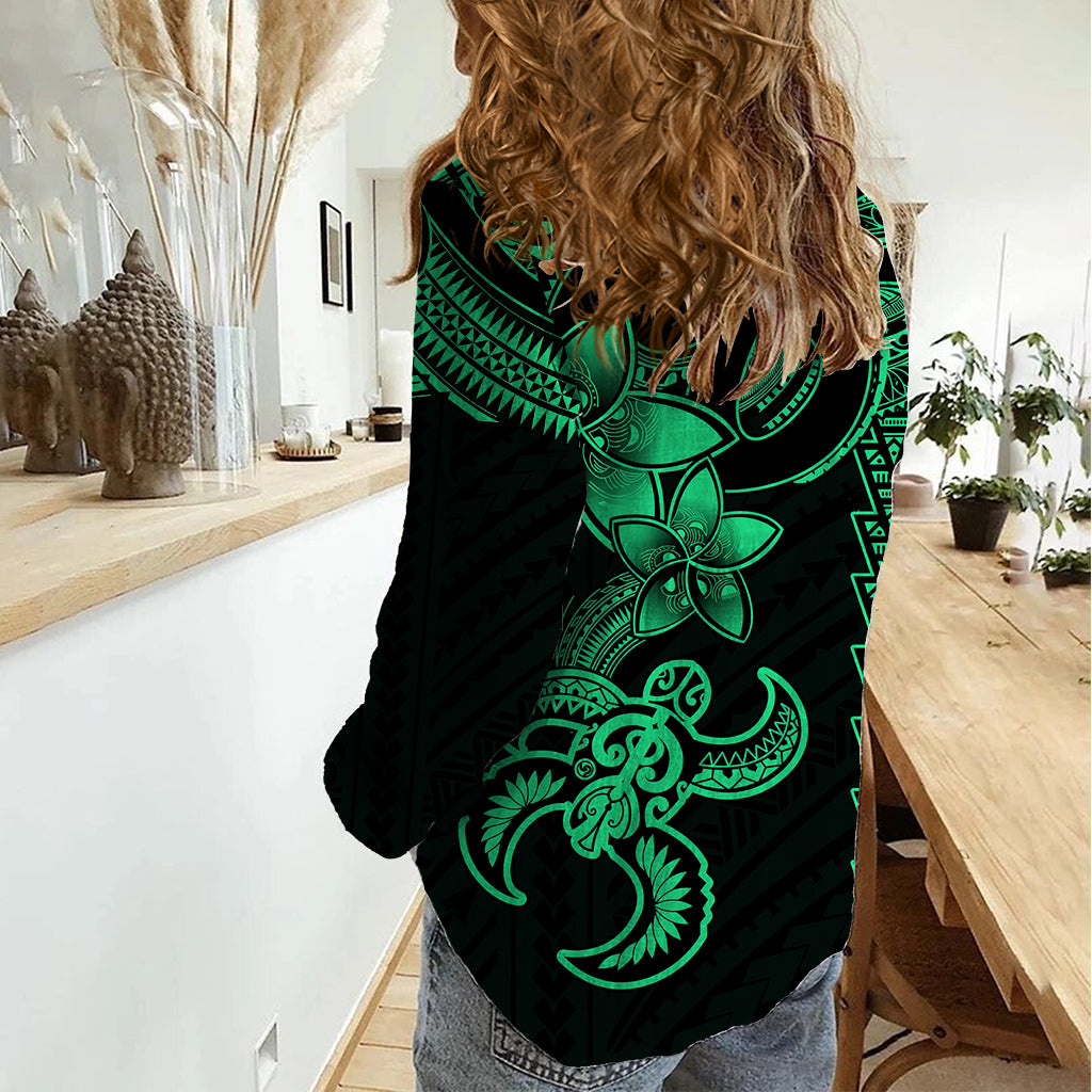 Hawaiian Tribal Women Casual Shirt Polynesian Kakau Turtle - Green LT9 - Polynesian Pride