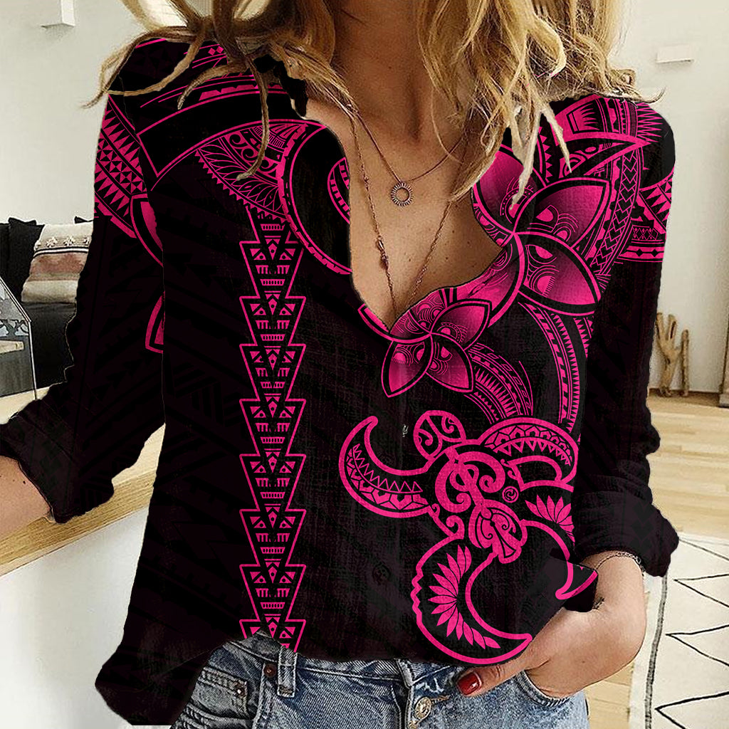 Hawaiian Tribal Women Casual Shirt Polynesian Kakau Turtle - Pink LT9 Female Pink - Polynesian Pride