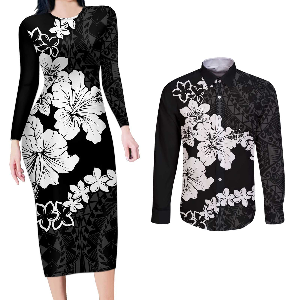 American Samoa Lotu Tamaiti Couples Matching Long Sleeve Bodycon Dress and Long Sleeve Button Shirt White Sunday Plumeria Black Vibe LT9 Black - Polynesian Pride