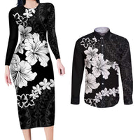 American Samoa Lotu Tamaiti Couples Matching Long Sleeve Bodycon Dress and Long Sleeve Button Shirt White Sunday Plumeria Black Vibe LT9 Black - Polynesian Pride