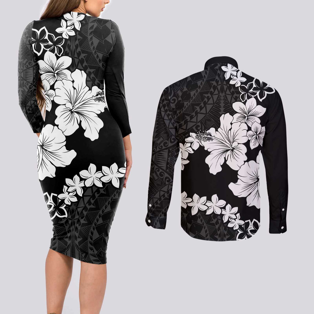 American Samoa Lotu Tamaiti Couples Matching Long Sleeve Bodycon Dress and Long Sleeve Button Shirt White Sunday Plumeria Black Vibe LT9 - Polynesian Pride