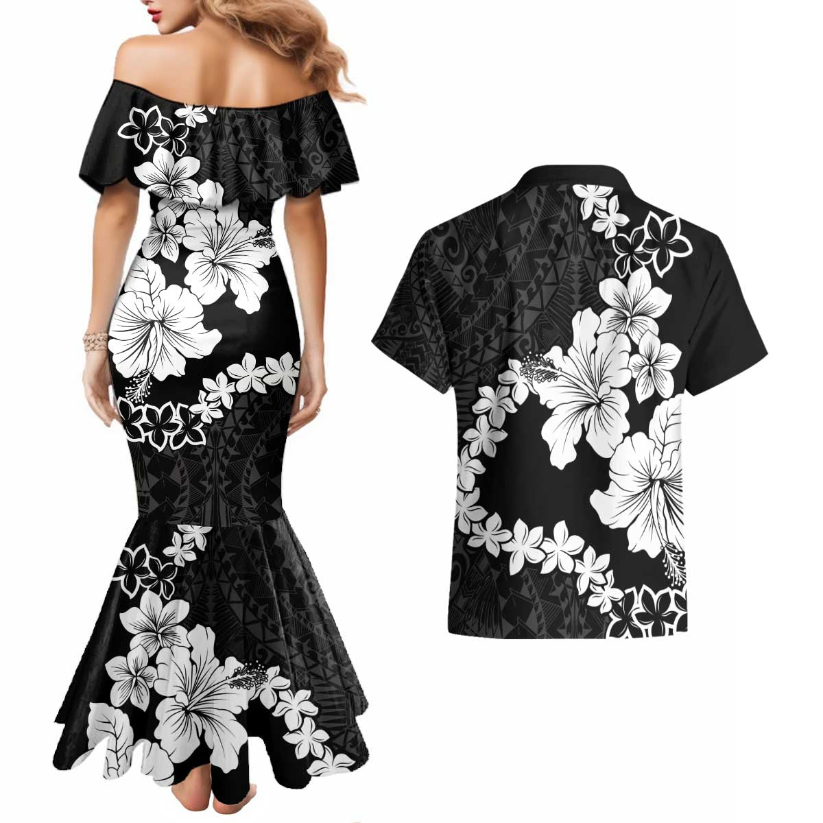 American Samoa Lotu Tamaiti Couples Matching Mermaid Dress and Hawaiian Shirt White Sunday Plumeria Black Vibe LT9 - Polynesian Pride