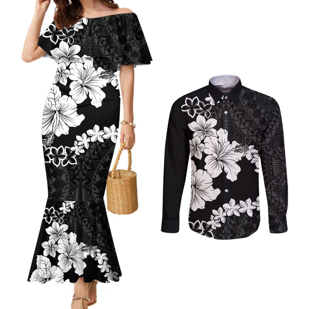 American Samoa Lotu Tamaiti Couples Matching Mermaid Dress and Long Sleeve Button Shirt White Sunday Plumeria Black Vibe LT9 Black - Polynesian Pride