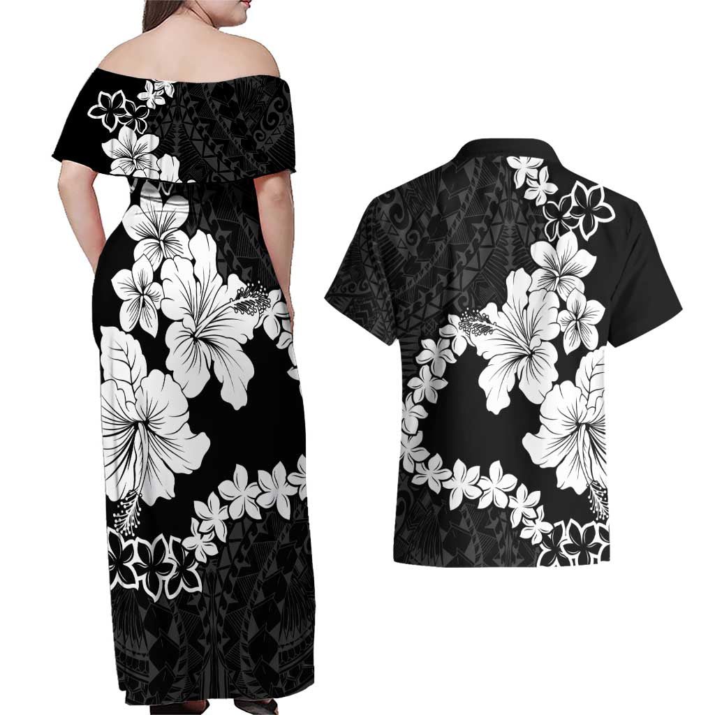 American Samoa Lotu Tamaiti Couples Matching Off Shoulder Maxi Dress and Hawaiian Shirt White Sunday Plumeria Black Vibe LT9 - Polynesian Pride