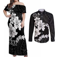 American Samoa Lotu Tamaiti Couples Matching Off Shoulder Maxi Dress and Long Sleeve Button Shirt White Sunday Plumeria Black Vibe LT9 Black - Polynesian Pride