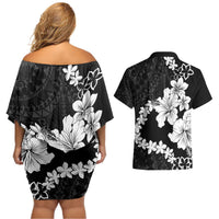 American Samoa Lotu Tamaiti Couples Matching Off Shoulder Short Dress and Hawaiian Shirt White Sunday Plumeria Black Vibe LT9 - Polynesian Pride
