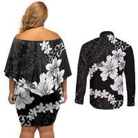 American Samoa Lotu Tamaiti Couples Matching Off Shoulder Short Dress and Long Sleeve Button Shirt White Sunday Plumeria Black Vibe LT9 - Polynesian Pride