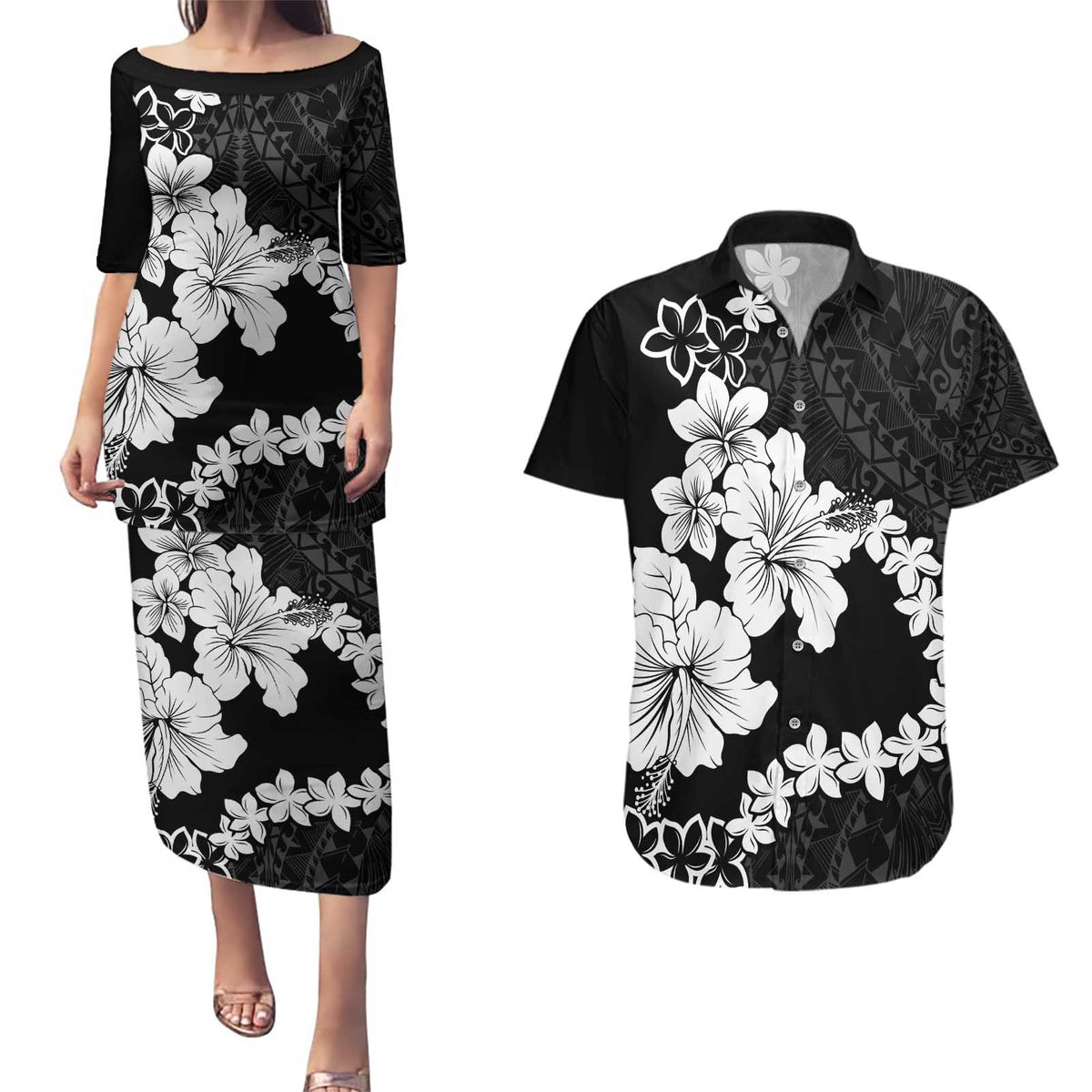 American Samoa Lotu Tamaiti Couples Matching Puletasi and Hawaiian Shirt White Sunday Plumeria Black Vibe LT9 Black - Polynesian Pride