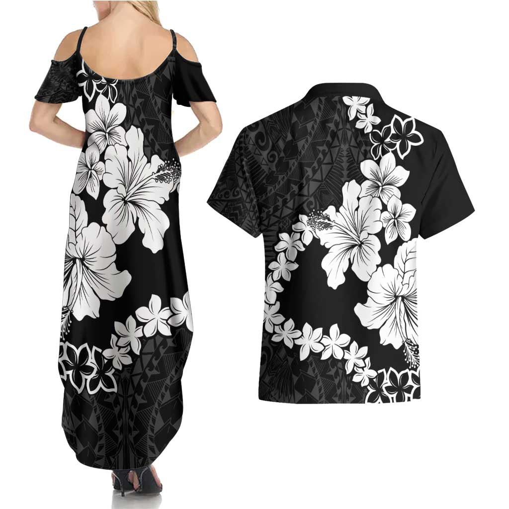 American Samoa Lotu Tamaiti Couples Matching Summer Maxi Dress and Hawaiian Shirt White Sunday Plumeria Black Vibe LT9 - Polynesian Pride