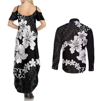 American Samoa Lotu Tamaiti Couples Matching Summer Maxi Dress and Long Sleeve Button Shirt White Sunday Plumeria Black Vibe LT9 - Polynesian Pride