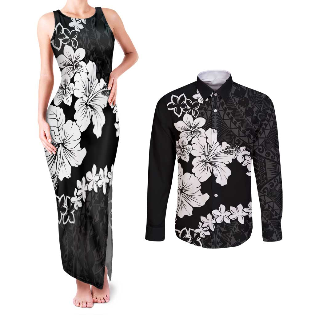 American Samoa Lotu Tamaiti Couples Matching Tank Maxi Dress and Long Sleeve Button Shirt White Sunday Plumeria Black Vibe LT9 Black - Polynesian Pride