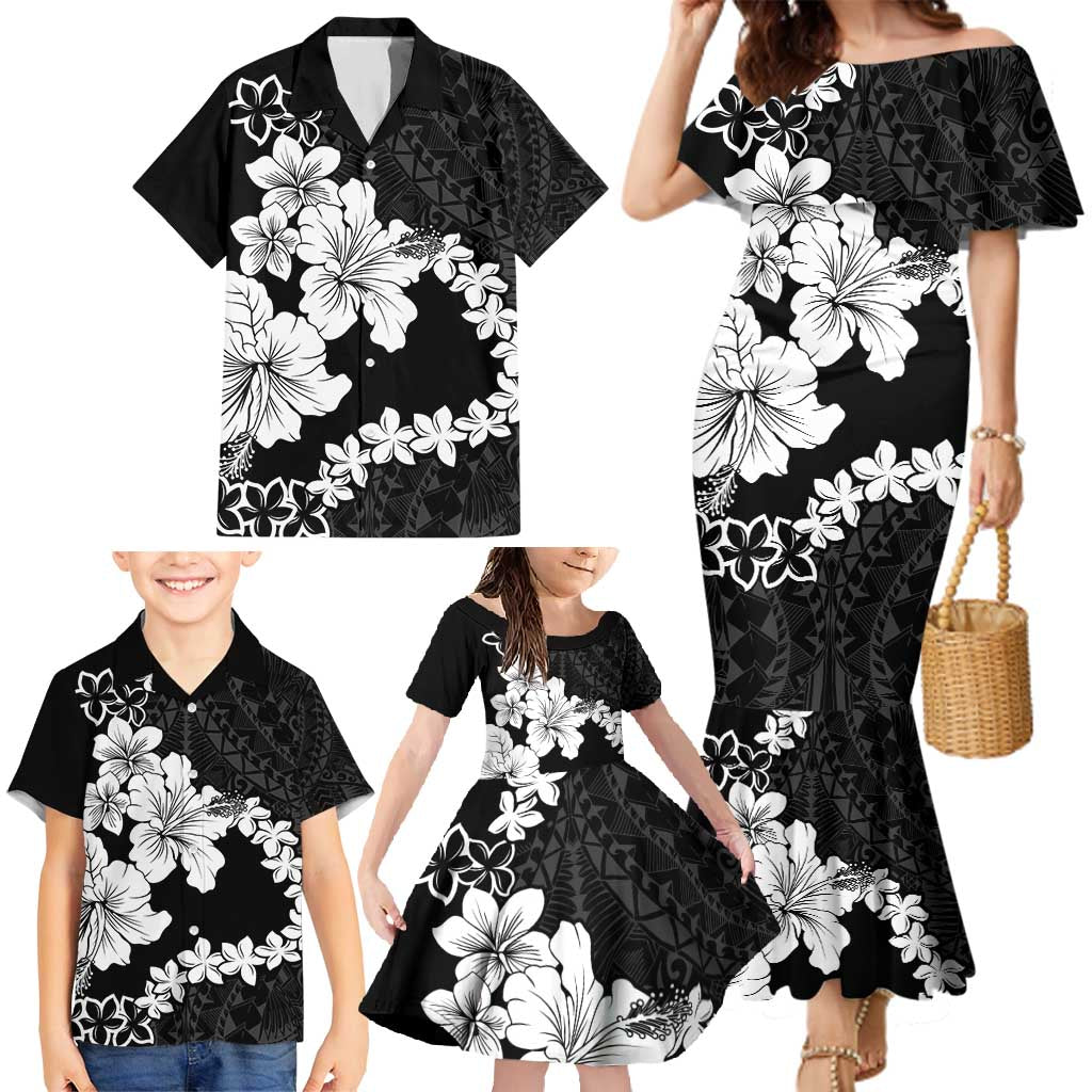 American Samoa Lotu Tamaiti Family Matching Mermaid Dress and Hawaiian Shirt White Sunday Plumeria Black Vibe LT9 - Polynesian Pride