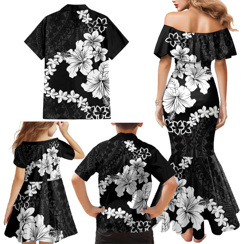 American Samoa Lotu Tamaiti Family Matching Mermaid Dress and Hawaiian Shirt White Sunday Plumeria Black Vibe LT9 - Polynesian Pride