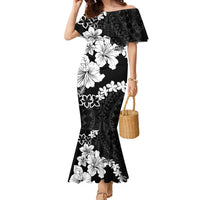 American Samoa Lotu Tamaiti Family Matching Mermaid Dress and Hawaiian Shirt White Sunday Plumeria Black Vibe LT9 Mom's Dress Black - Polynesian Pride