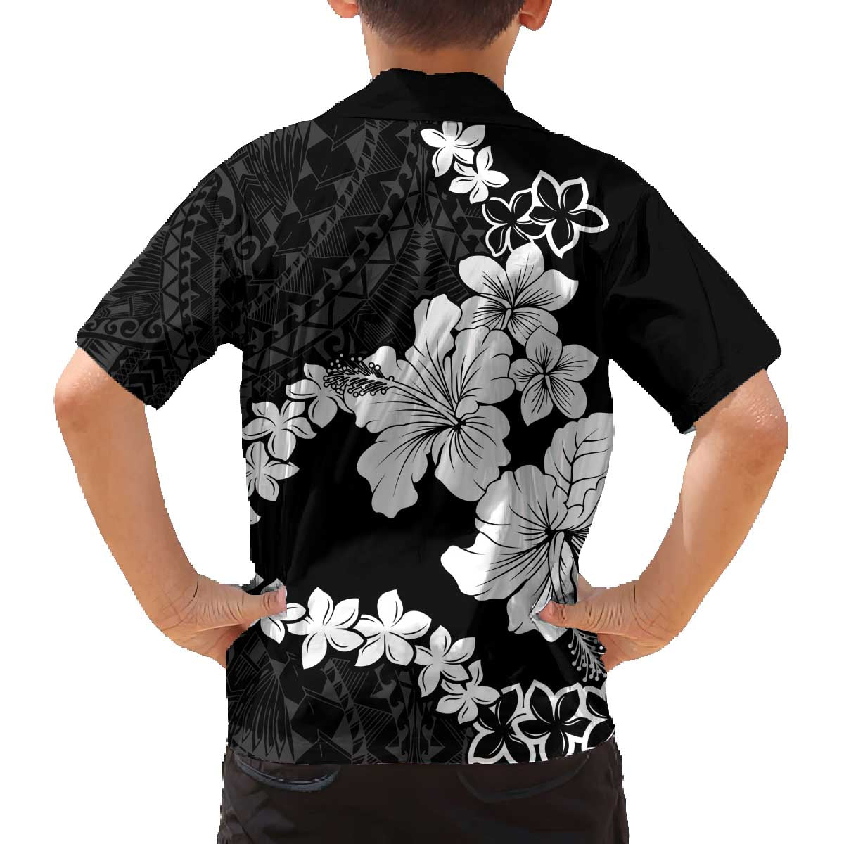 American Samoa Lotu Tamaiti Family Matching Off The Shoulder Long Sleeve Dress and Hawaiian Shirt White Sunday Plumeria Black Vibe LT9 - Polynesian Pride