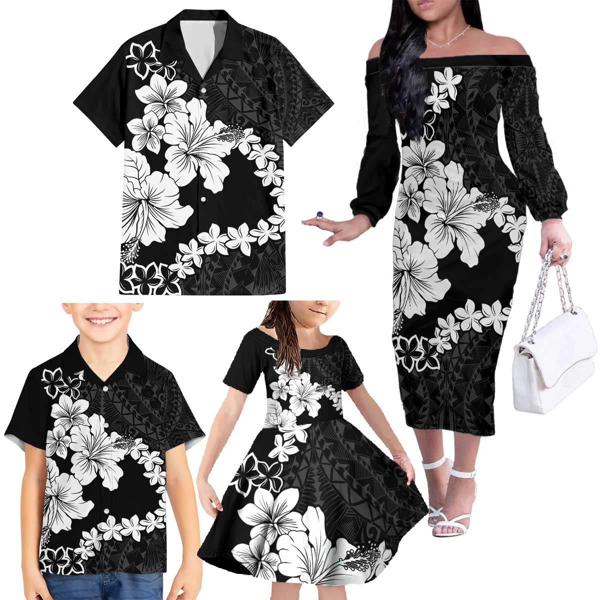 American Samoa Lotu Tamaiti Family Matching Off The Shoulder Long Sleeve Dress and Hawaiian Shirt White Sunday Plumeria Black Vibe LT9 - Polynesian Pride