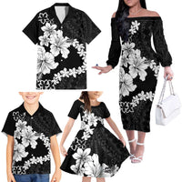 American Samoa Lotu Tamaiti Family Matching Off The Shoulder Long Sleeve Dress and Hawaiian Shirt White Sunday Plumeria Black Vibe LT9 - Polynesian Pride