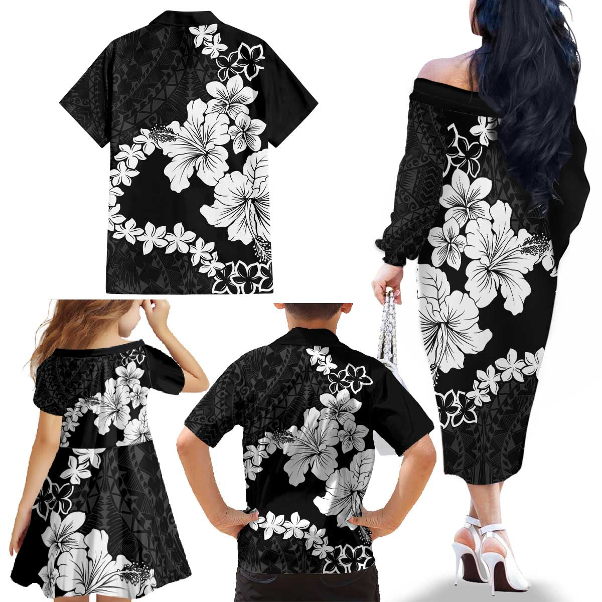 American Samoa Lotu Tamaiti Family Matching Off The Shoulder Long Sleeve Dress and Hawaiian Shirt White Sunday Plumeria Black Vibe LT9 - Polynesian Pride
