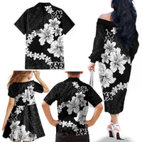 American Samoa Lotu Tamaiti Family Matching Off The Shoulder Long Sleeve Dress and Hawaiian Shirt White Sunday Plumeria Black Vibe LT9 - Polynesian Pride